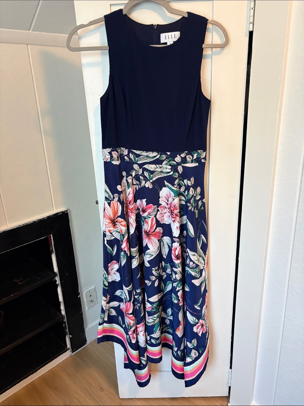 Elle Navy Floral Midi Dress with Pink & Coral Blooms
